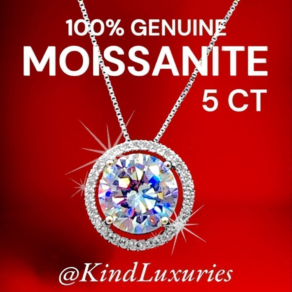 💎277💎 5ct Diamond Moissanite Halo Pendant Necklace 14K White Gold + Sterling‎